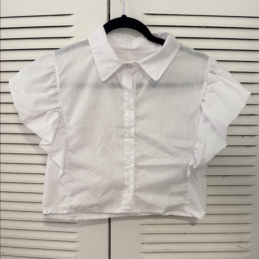 White Ruffled Sleeve Button-Up Crop Top #034